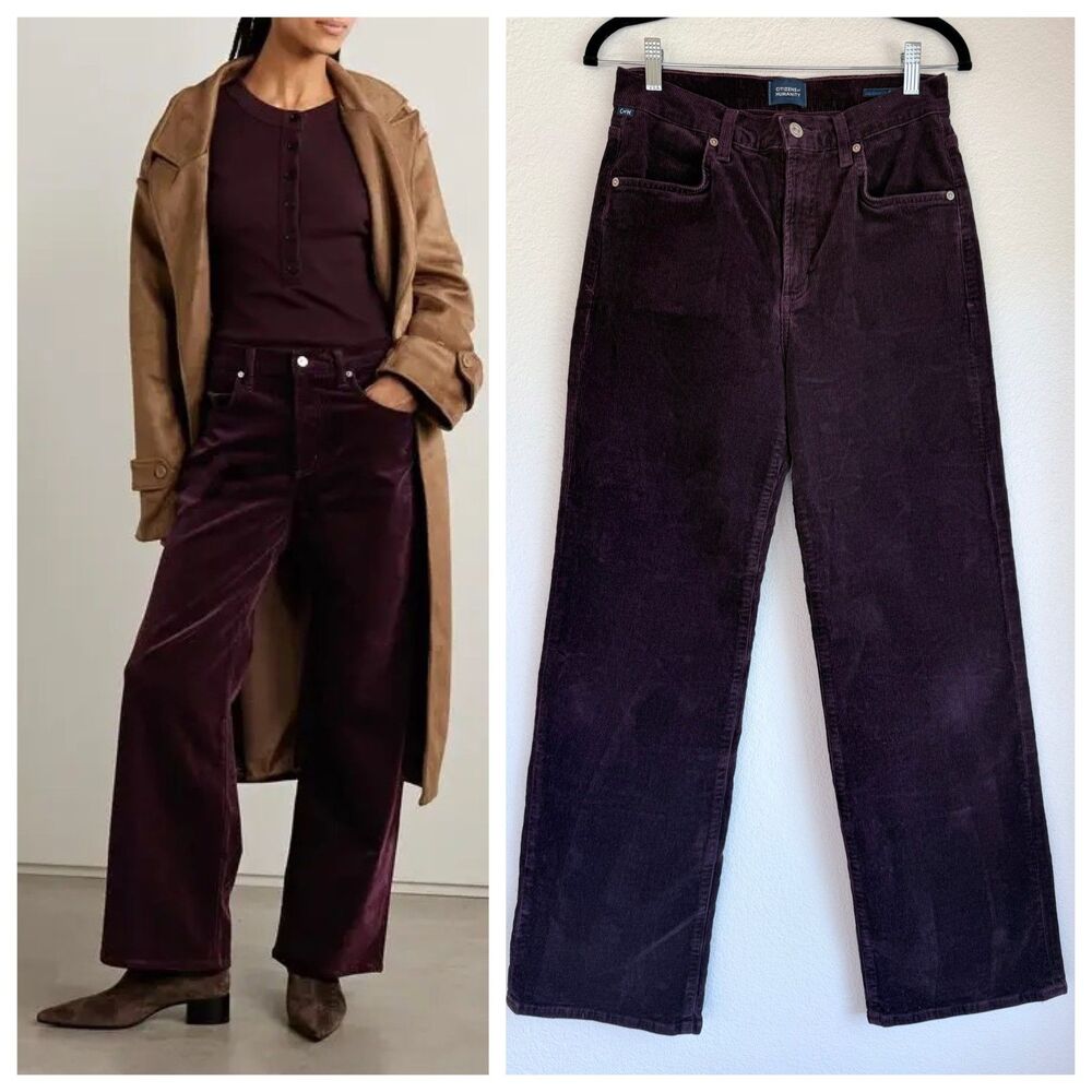 NEW Citizens of Humanity Annina Cotton-Blend Corduroy Wide-Leg Pants in Wine 27